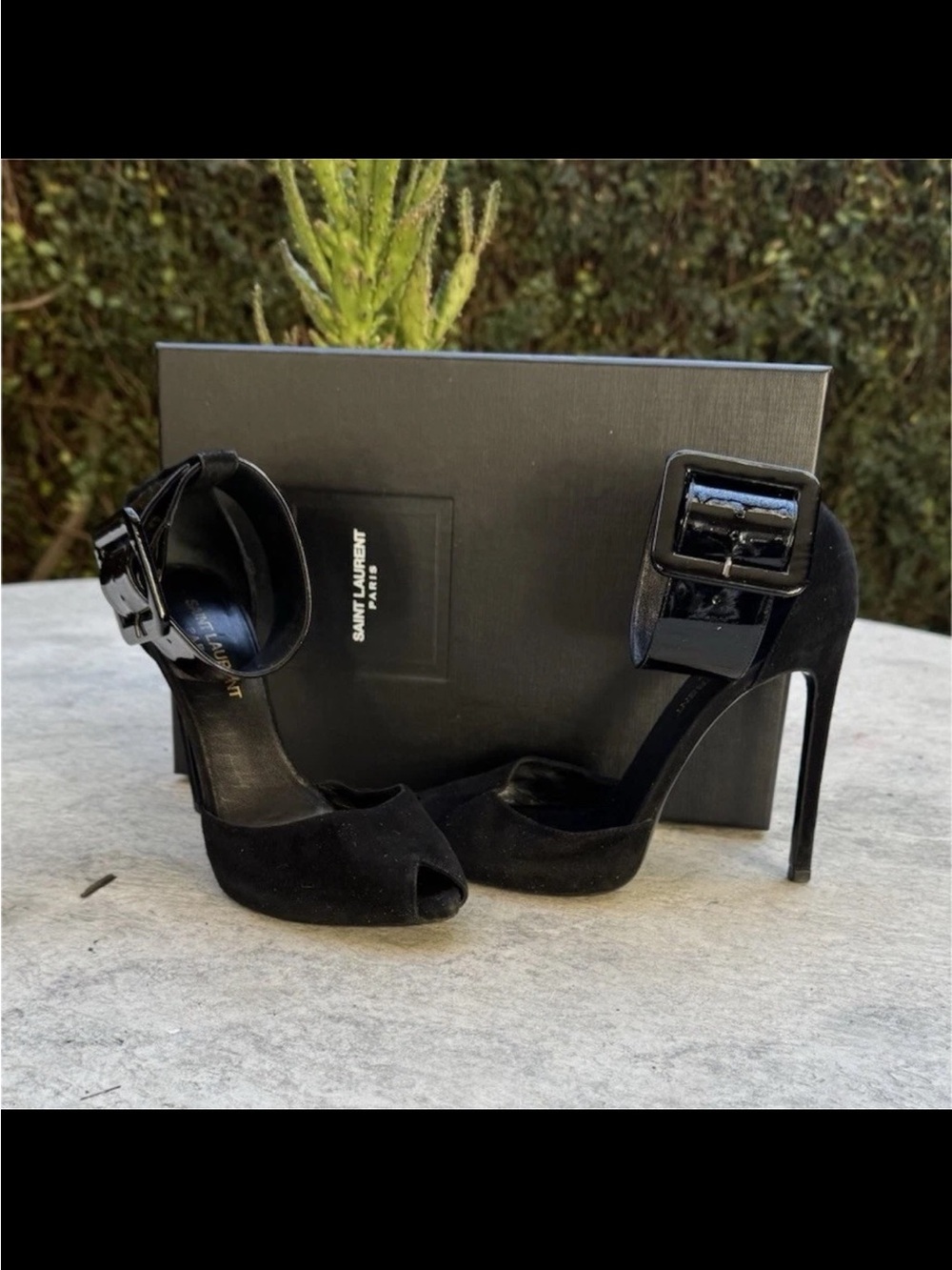 Saint Laurent Black Suede Peep-Toe Stiletto Heels with Patent Ankle Buckle